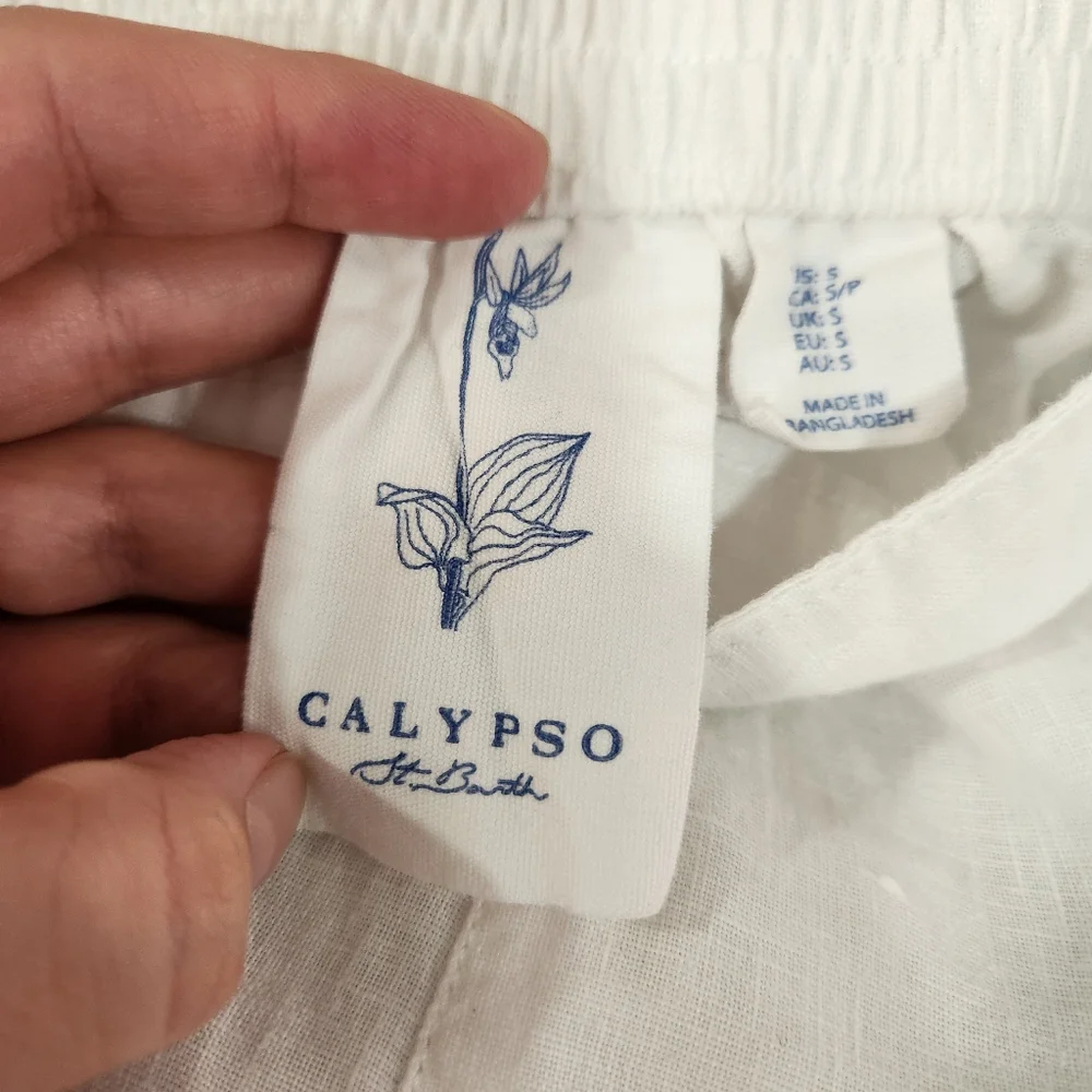 Calypso St. Barth White Linen Pants with Floral Embroidery Beach Size Small